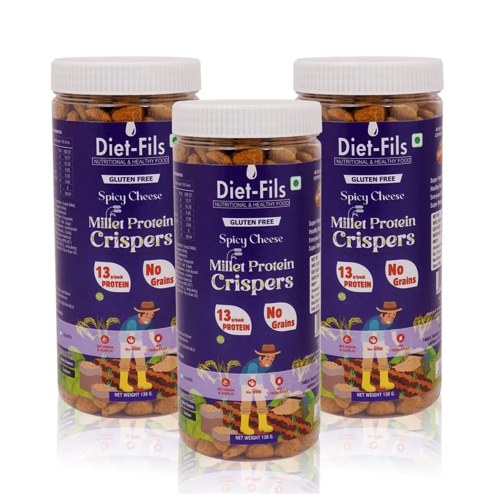 Diet-Fils Millet Protein Crispers Spicy Cheese | No Onion No Garlic | Millet Based | No Grain | Made with Ragi,Browntop Millet,Jowar,Foxtail and Pea Protein | Roasted | Gluten Free | 130 gm x 3 — image 2