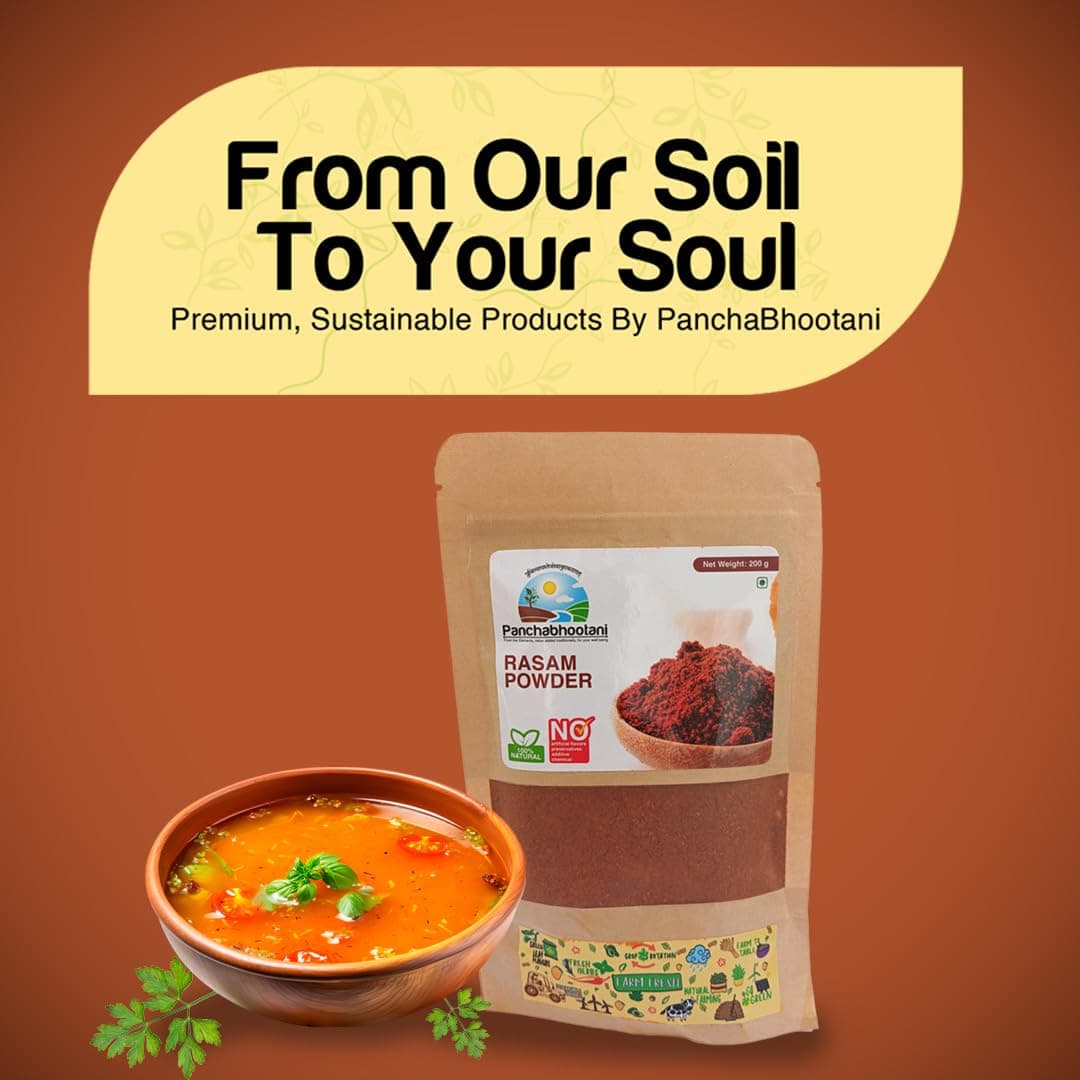 Panchabhootani Rasam Powder-200g | South Indian Authentic Flavour, Easy Digestion, Farm Fresh, Vegan Friendly, No Garlic, No Onion, 3 varieties of roasted dry red chilles, Rich Aroma, Mouth Watering — image 7