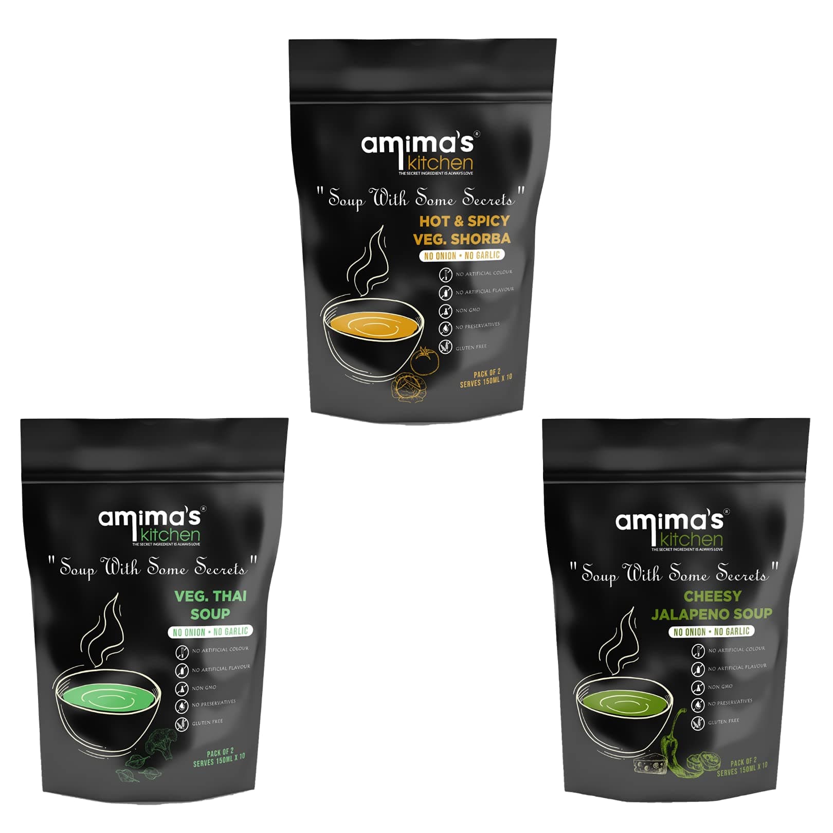 Amima's Kitchen Combo Of Hot & Spicy Veg. Shorba + Veg. Thai + Cheesy Jalapeno Jain Soup (No Onion No Garlic) - 100 Grams (Pack of 3) | Instant Soup Mix Powder | Ready To Cook | No Artificial Flavour & Colour | Gluten Free | Non GMO | Healthy Soup — image 2