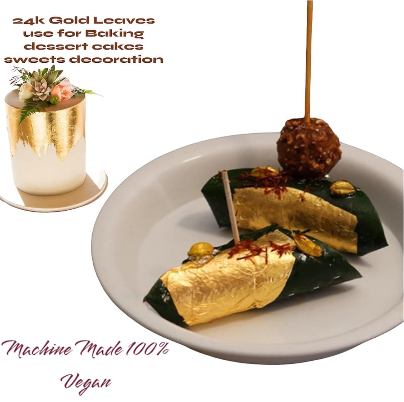 Gold Leaves 24k Edible Pure Veg Gold Leaves 75MM”x50MM” Size 25pcs Gold Vark Sheets, Varak for Sweets, Cake Decoration, Ice Cream, Serums, Ayurvedic Medicine, Royals Foods, Face Facial Spa, Nails — image 2
