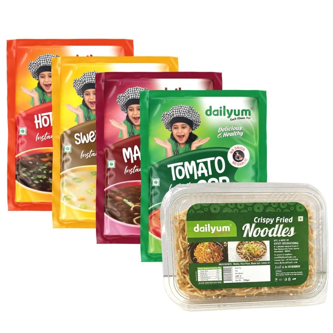 Dailyum Instant Soup Combo of 5 | No Onion No Garlic| Manchow, Sweet Corn, Tomato, Hot N Sour-soup 50g each |Crispy Fried Noodles 200g | Natural | No MSG | Jain — image 2