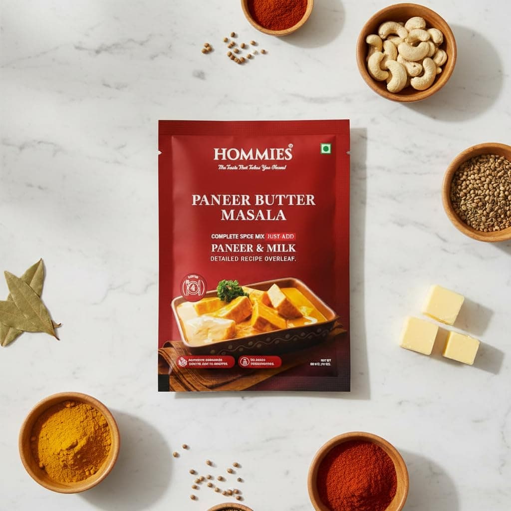 Hommies Dhaba Style Paneer Butter Masala Curry Spice Mix (Pack of 4) | Ready to Cook in 15 mins | Just Add Paneer and Milk | Shahi Paneer Butter Masala Spice Mix | Serves 4 | Made with Cashew Nuts | No Preservatives | 200 gm (50 gm each) — image 3