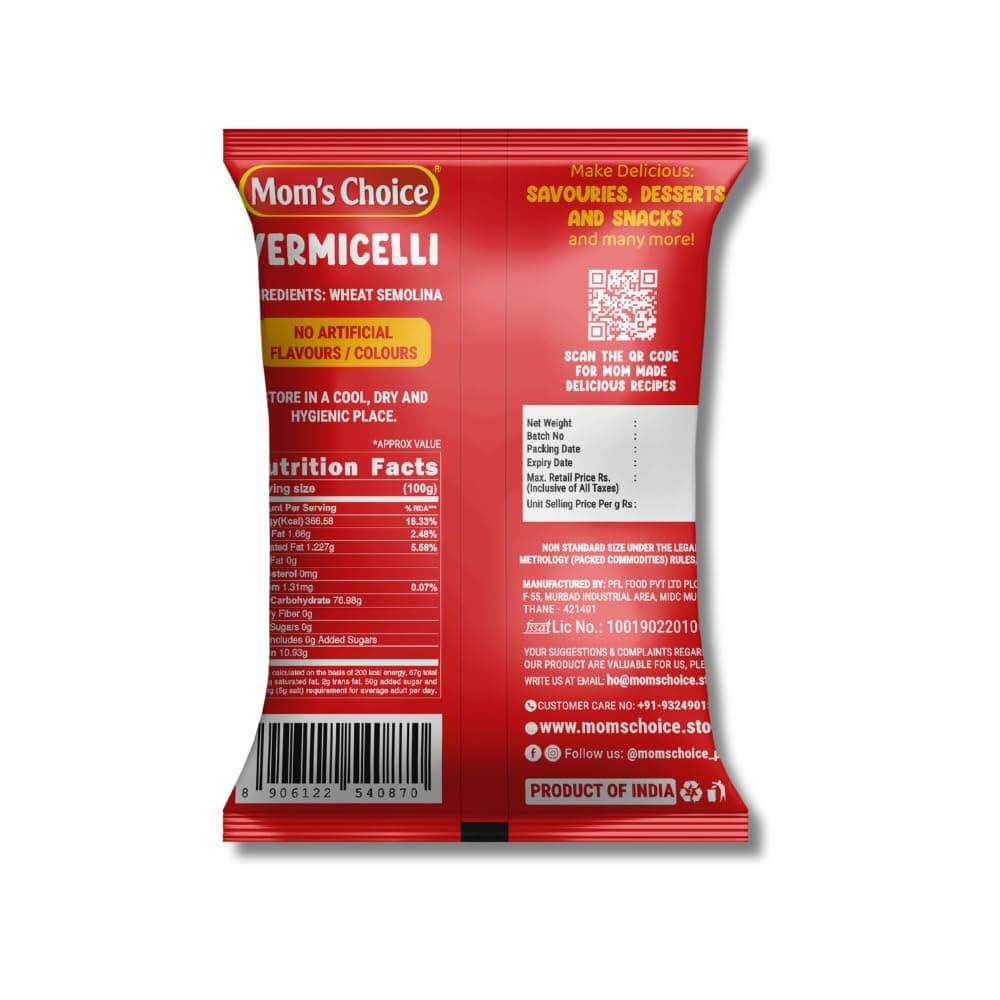Mom’s Choice Shortcut Plain Vermicelli | 100% Suji | No Maida | 100% Pure Veg | Source of Protein | Cholesterol Free | Non-Sticky | Easy to Cook | No Artificial Flavours & Colours | Pack of 2 | 400g x 2 — image 4