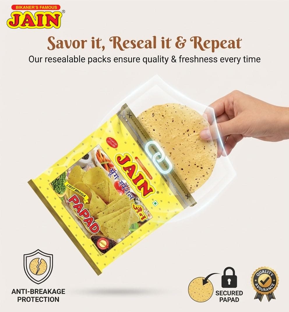 JAIN Papad Moong Dal Special, Light Masala, 400g, Papad Size-10 Inches, Handmade, Zipper Packing, No Preservatives, Contains 22-24 Papads Per Pack — image 4