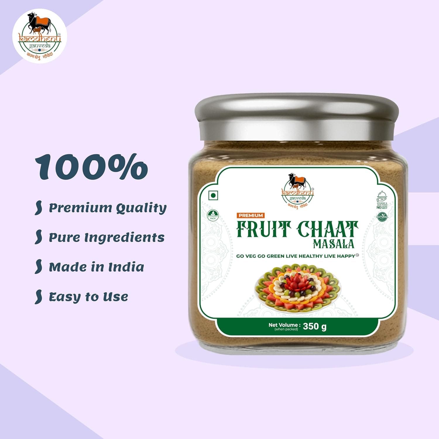 Satvik Sanatani Swaminarayan Jain Vegan Chatpata Fruit Masala 350g | Cumin, Coriander, Pudina, Pink & Black Salt | No Onion No Garlic | No Preservatives | Glass Jar with Steel Cap — image 4