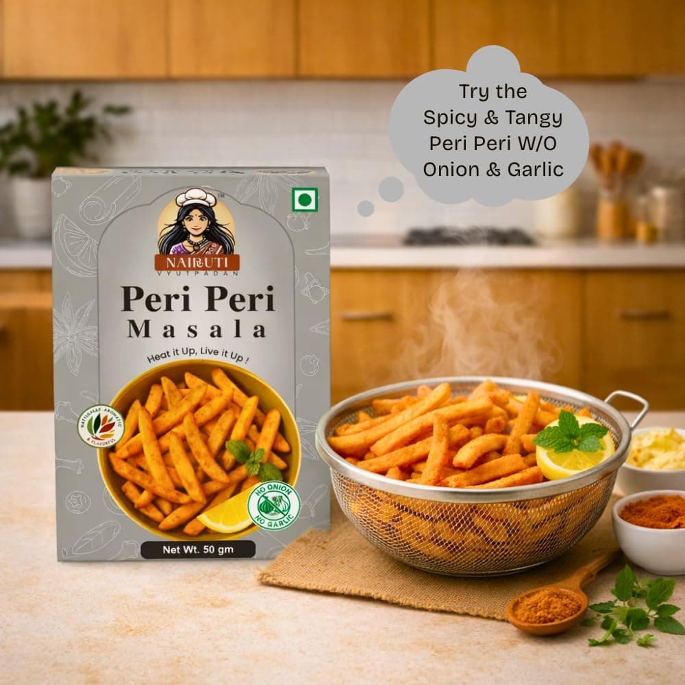 Nairuti Vyutpadan Jain Peri Peri Masala 50g | No Onion No Garlic | Jain-Friendly Satvik Spice Blend | Tangy & Spicy Seasoning for Snacks, Fries, Popcorn, Makhana & Chips | Pure & Natural — image 4