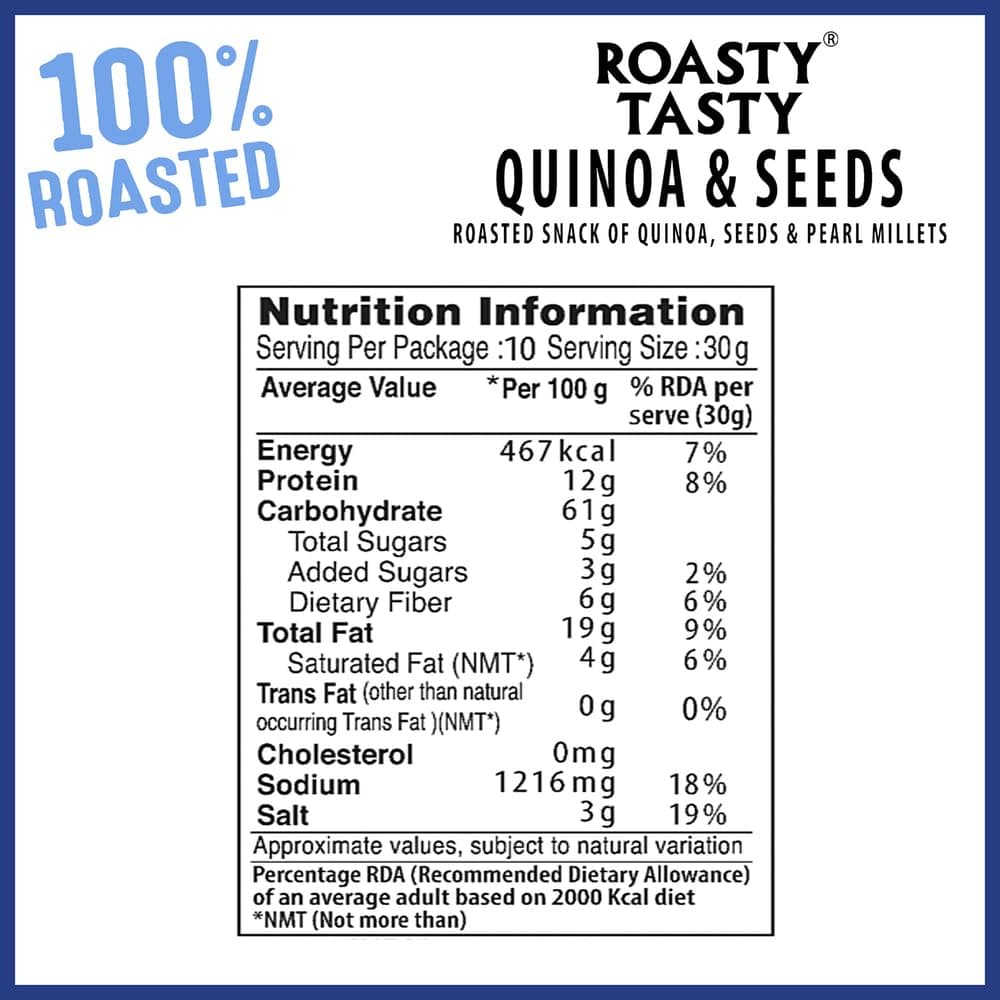 Roasty Tasty Quinoa & Seeds Peri Peri|Healthy Snacks|Roasted White Quinoa Puffs, Bajra & Seeds Mix|Rich In Protein For Adults & Kids|No Transfat|Diet Mixture|Peri Peri Masala|Roasted Namkeen|300G — image 6