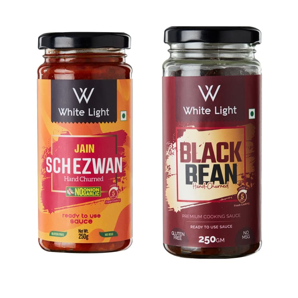 White Light Food Jain Schezwan Sauce and Jain Black Bean Sauce l Vegan and Natural Ingredients l Ready to Eat Healthy Food (Combo Pack of 2, 250g Each)