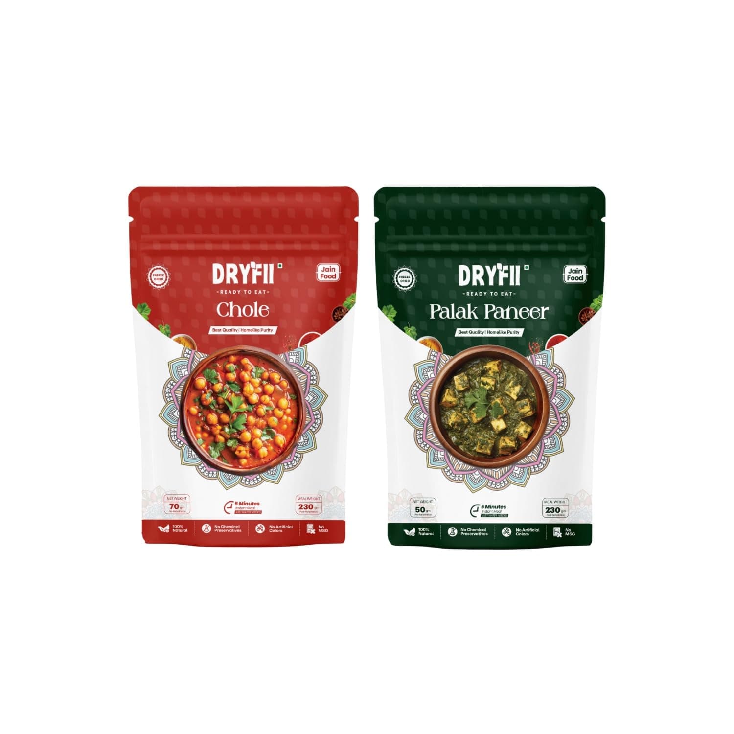 Dryfii Ready-to-Eat Jain Combo – Palak Paneer & Chole | 100% Natural, No Onion Garlic | Instant Indian Meal | Freeze-Dried Food | No Preservatives | Just Add Hot Water | 230g Servings