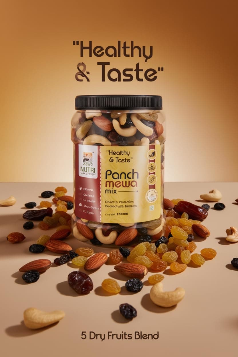 NUTRI HARVEST Premium Dry Fruits Mix pack (Panch Mewa Mix) , Natural Blend of Almonds, Cashews, Black and green Raisins and diced Dates| Fit for Fasting 2*250 (500gram)| (Re-sealable pack for freshness) — image 5