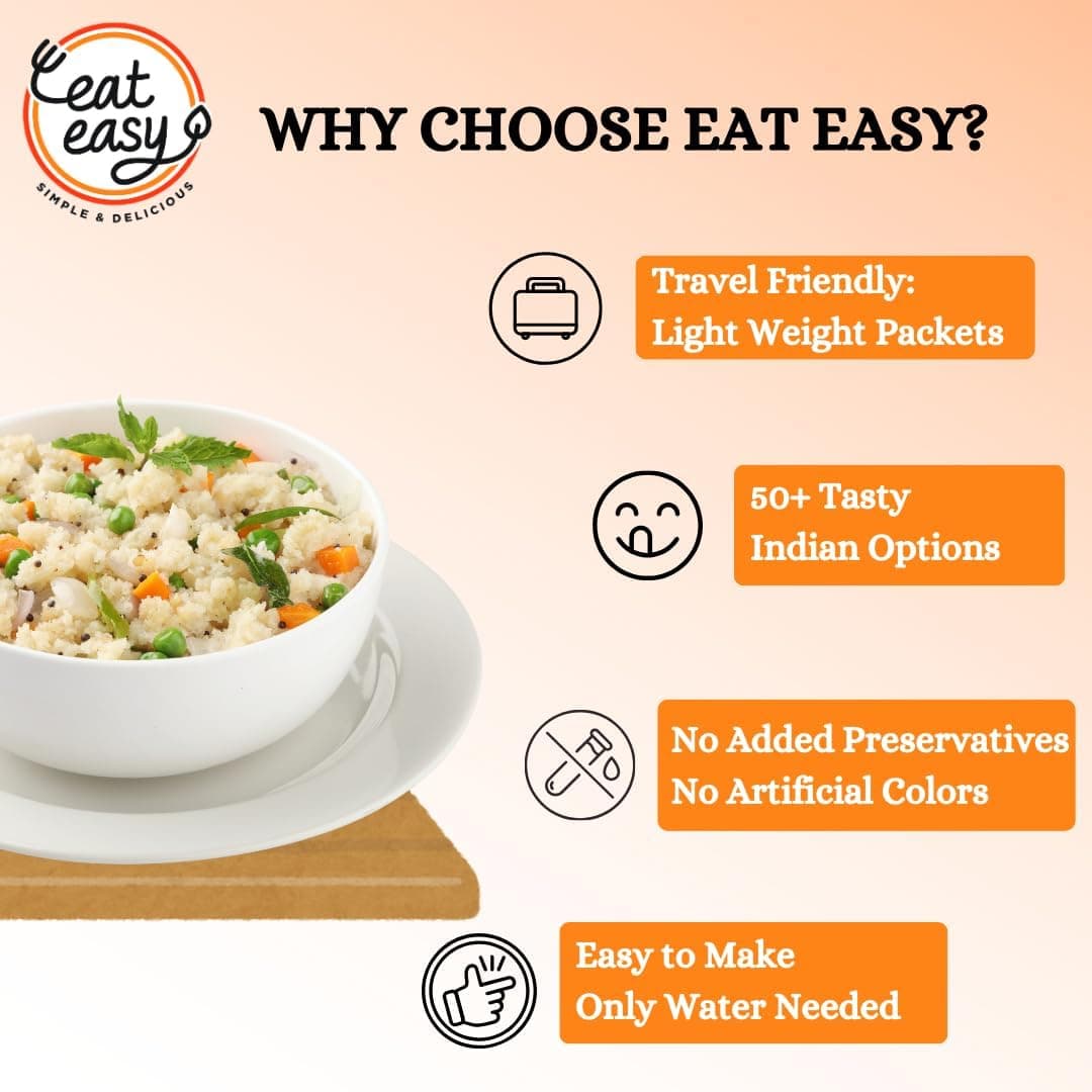 Eat Easy Ready To Eat Upma- 85gm | Just Add Water and Cook | Freeze Dehydrated Instant Healthy & Delicious Upma for Travel, Hostel, Trekking, Camping, Hiking | Supports Digestion, Rich in Nutrients I No Preservatives — image 4