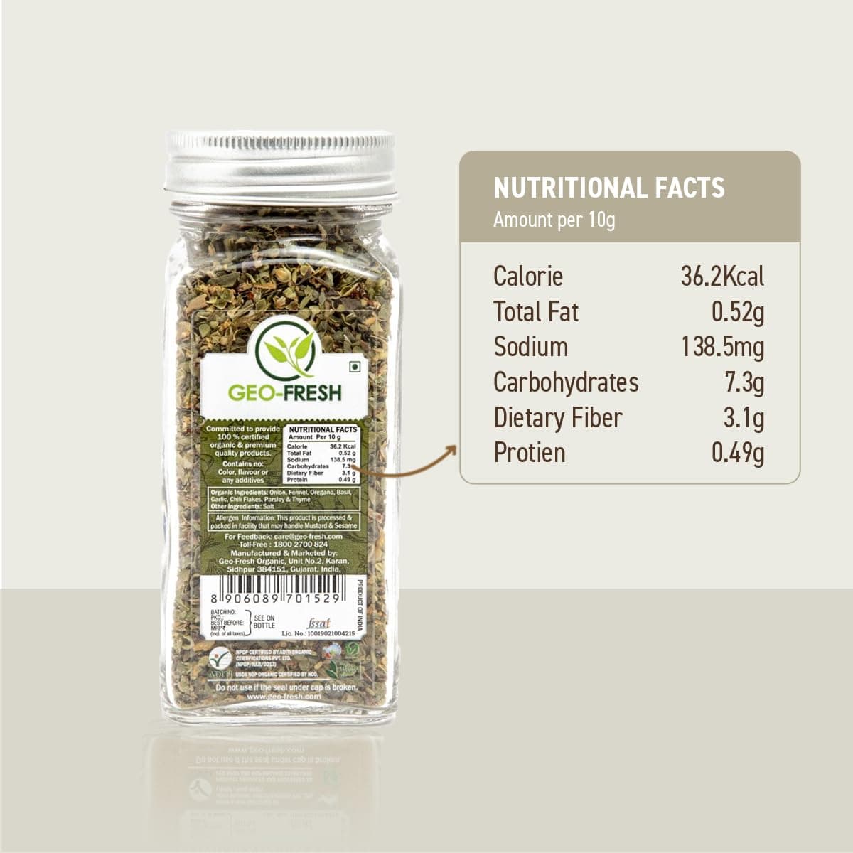 Geo-Fresh Organic Pizza Pasta Seasoning, 25g | Aromatic & Flavourful Blend | Sprinker for Pizza, Pasta, Stews, Salads | No Artifical Colour & Preservatives| 100% Organic, Non-GMO, USDA Certified, Jaivik Bharat Certified — image 2