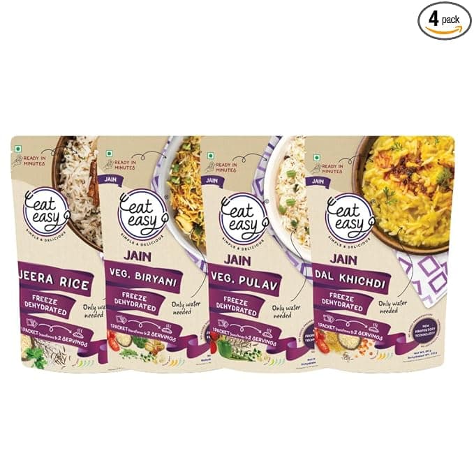 Eat Easy Ready To Eat Jain Rice Combo of 4- Jain Jeera Rice, Pulav, Biryani, Dal Khichdi | Just Add Water and Cook | No Onion, No Garlic | Freeze Dehydrated Instant Rice for Travel, Hostel, Trekking, Camping, Hiking