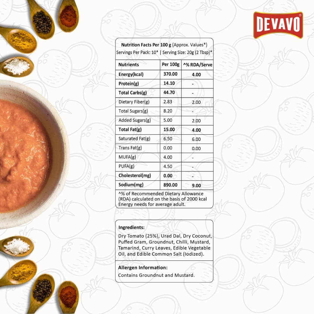 Devavo Tomato Coconut Chutney Powder | Just Add Water to Prepare | Authentic South Indian Recipe | No Onion & Garlic | No Artificial Colour & Flavour | No Preservatives (200 g) — image 2