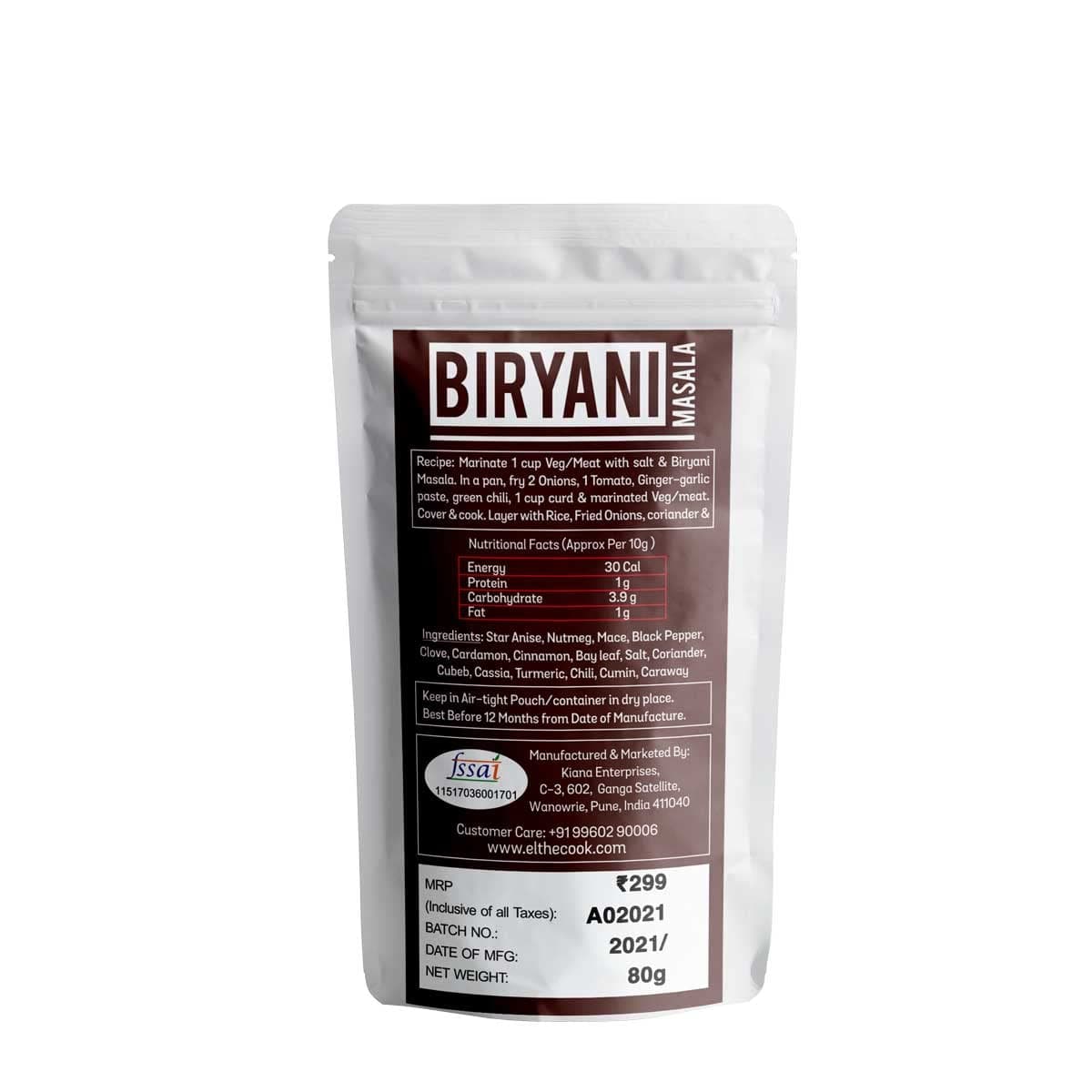EL The Cook Royal Biryani Masala | Ready to Cook Powder Mix for Veg, Paneer, Chicken, Mutton Biriyani | Premium Rich Spice Blend | 100% Natural, No Additives, No Fillers, GMO-Free, Vegan, Jain | 80g — image 3