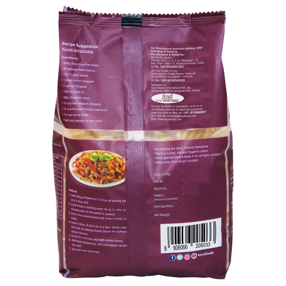 Keya Fusilli Pasta 1kg, 100% Durum Wheat Pasta | Vegetarian | No MSG | Low in Calories | No Trans Fats | Healthy | Cooked in 10 Minutes — image 4