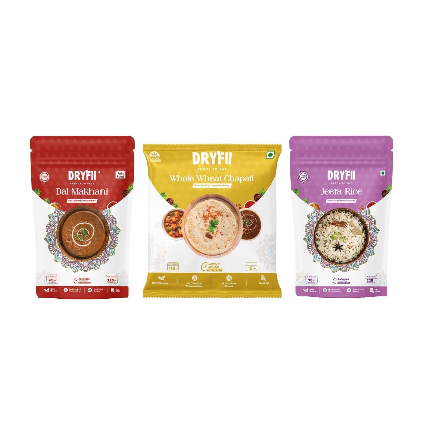 Dryfii Ready-to-Eat Chapati with Jain Dal Makhani & Rice | Creamy Satvik Combo Meal | No Onion No Garlic | Healthy Indian Comfort Food Pack