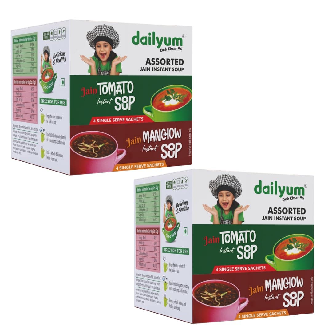 Dailyum Jain Instant Assorted Soup|Tomato and Manchow Soup| 8 Single Serve Sachets,4 Each | Just Boil-Stir-Sip | 12g Each Sip-A-Soup| Natural | No MSG | Pack of 2 Box — image 2