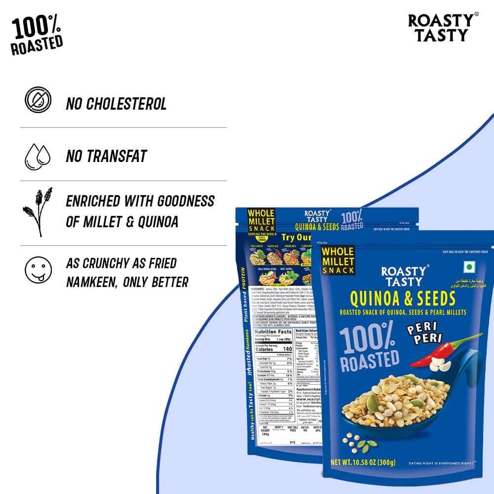 Roasty Tasty Quinoa & Seeds Peri Peri|Healthy Snacks|Roasted White Quinoa Puffs, Bajra & Seeds Mix|Rich In Protein For Adults & Kids|No Transfat|Diet Mixture|Peri Peri Masala|Roasted Namkeen|300G — image 3