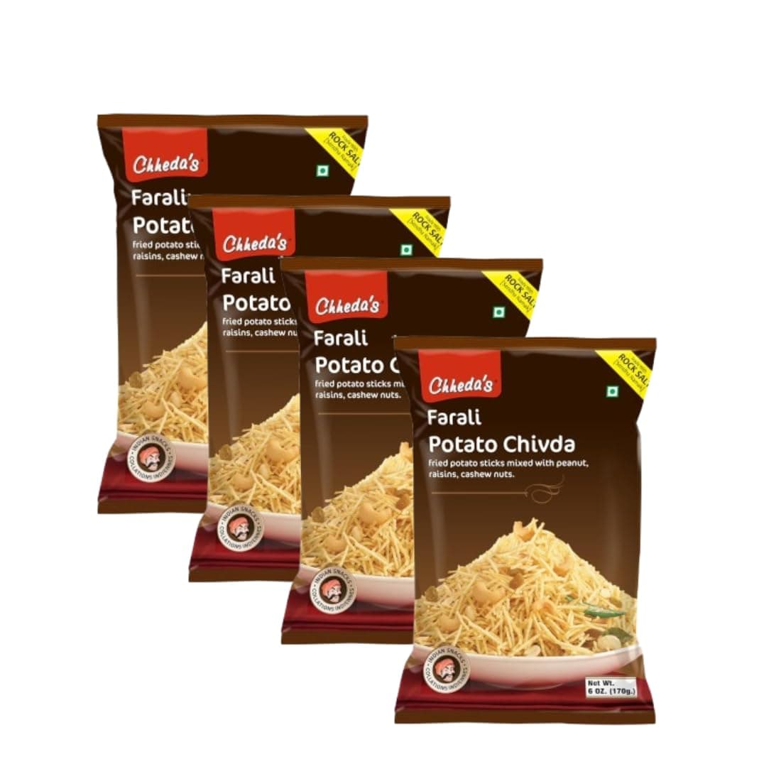 Chheda’s Farali Potato Chivda | Light & Crispy Fasting Snack | No Onion No Garlic | Traditional Indian Farali Namkeen | 170g Poly Pack of 4