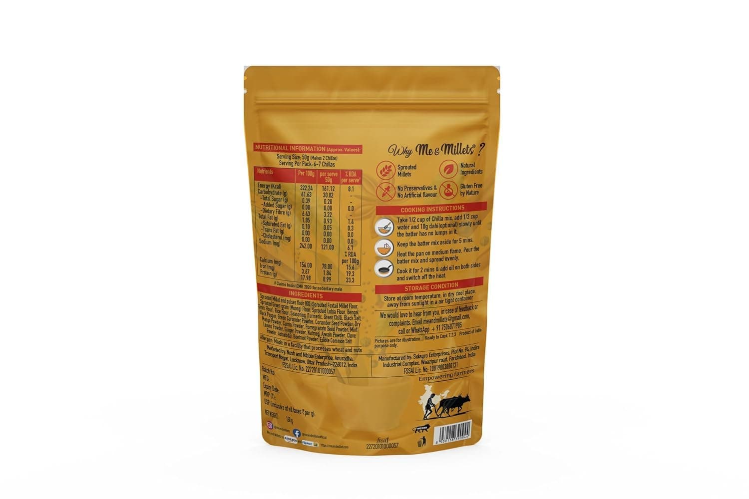 ME & MILLETS Sprouted Foxtail Millet Chilla Mix Combo (150gX2) - Indian Masala, No Preservatives, No Palm Oil, Natural Healthy Protein & Fiber-Rich Breakfast For Kids & Family (Jain Friendly) — image 3