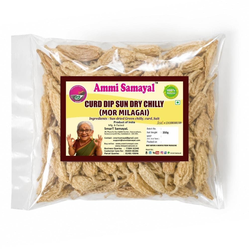 Ammi Samayal Curd Dip Sun Dry Chilly (MorMilagai Vathal) | Authentic Vathal Vadagam/Curd Dip Dried Chillies | Healthy & Tasty Natural Dried Dahi Mirchi | Pack of 1, 350gm