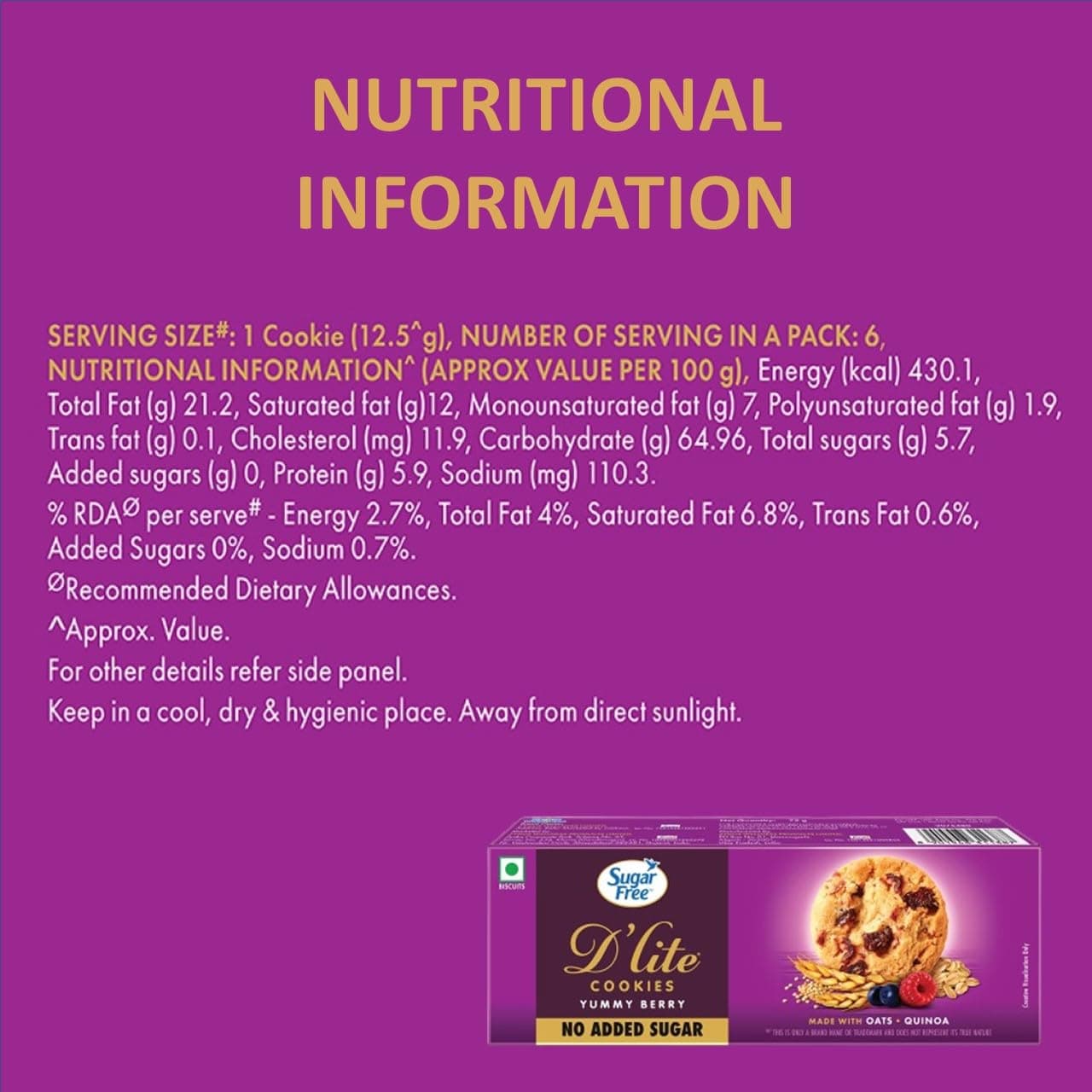 Sugar Free D’Lite Yummy Berry Cookies | Zero Added Sugar | Made with Oats & Quinoa 150g — image 6