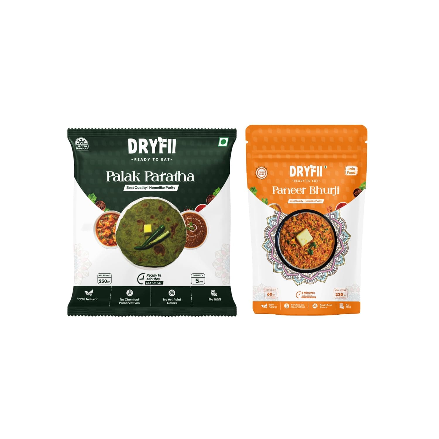 Dryfii Ready-to-Eat Palak Paratha (5 Pcs | 1 Pack) with Jain Paneer Bhurji | High Protein No Onion No Garlic Meal | Pure Vegetarian