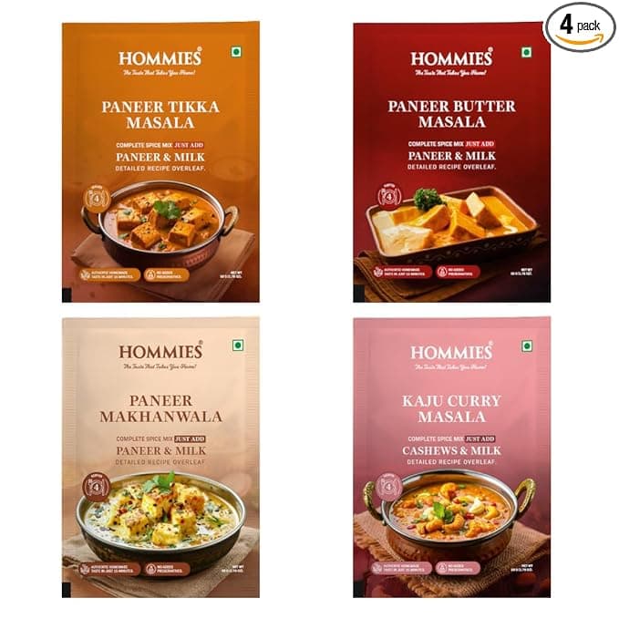 Hommies Paneer Lover’s Spice Combo | Paneer Tikka Masala, Paneer Butter Masala, Paneer Makhanwala & Kaju Curry Spice Mix | Ready to Cook | Just Add Basics | Serves 4 Each | Vegetarian | No Preservatives| Pack of 4 (50g Each, Total 200g) (Combo of 4-5)