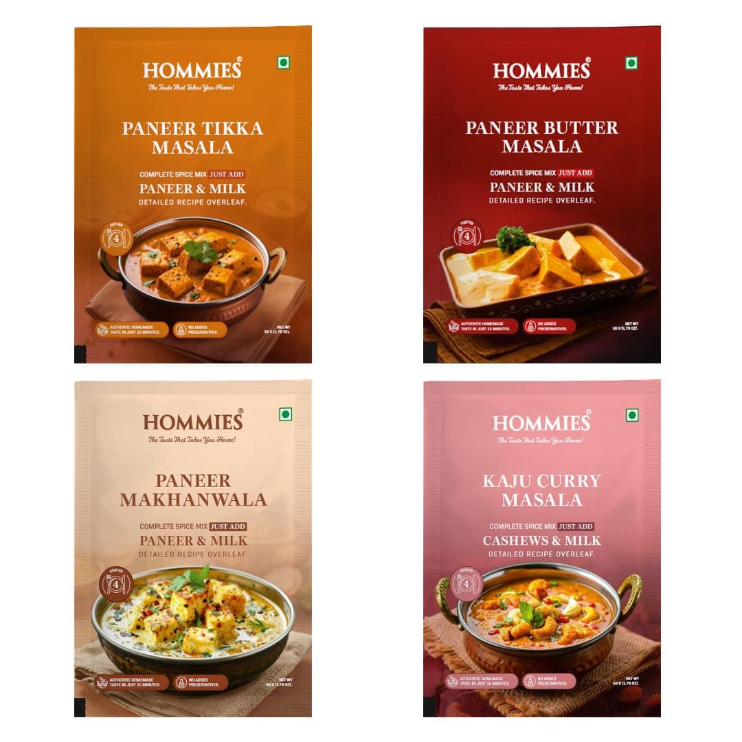 Hommies Paneer Lover’s Spice Combo | Paneer Tikka Masala, Paneer Butter Masala, Paneer Makhanwala & Kaju Curry Spice Mix | Ready to Cook | Just Add Basics | Serves 4 Each | Vegetarian | No Preservatives| Pack of 4 (50g Each, Total 200g) (Combo of 4-5) — image 2