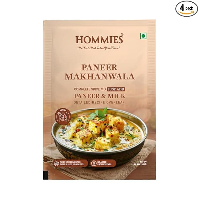Hommies Dhaba Paneer Makhanwala Curry Spice Mix | Ready to Cook in 15 Mins | Just Add Milk & Paneer | Serves 4 | Shahi Curry Masala with Cashew Nuts | No Preservatives | Pack of 4 (200g, 50g Each)