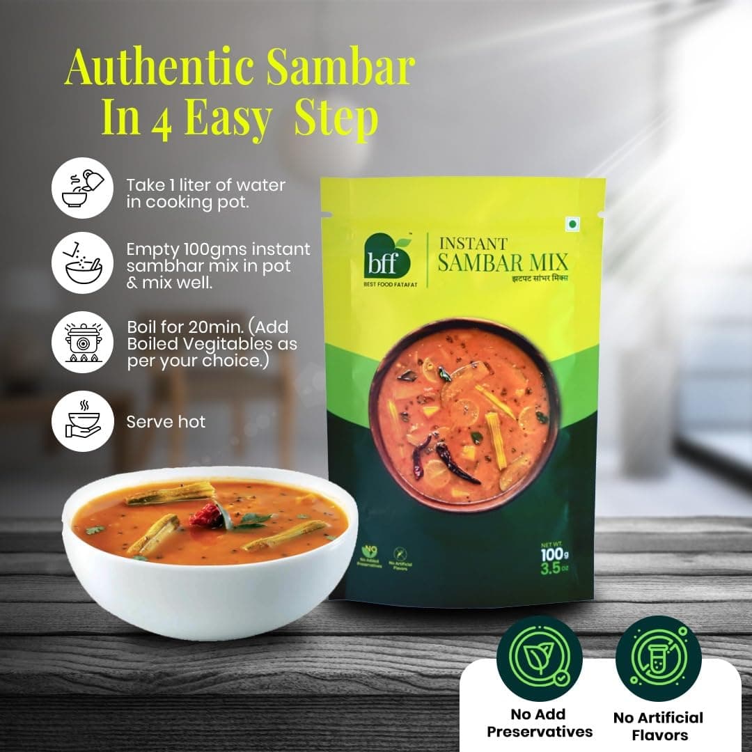 Instant Sambar Mix – Pack of 4 (100g Each) | Ready-to-Cook South Indian Curry | Made with Lentils & Spices | No Added Preservatives | No Onion and No Garlic | Suitable for Rice, Idli, Dosa & Vada | Easy to Prepare — image 3