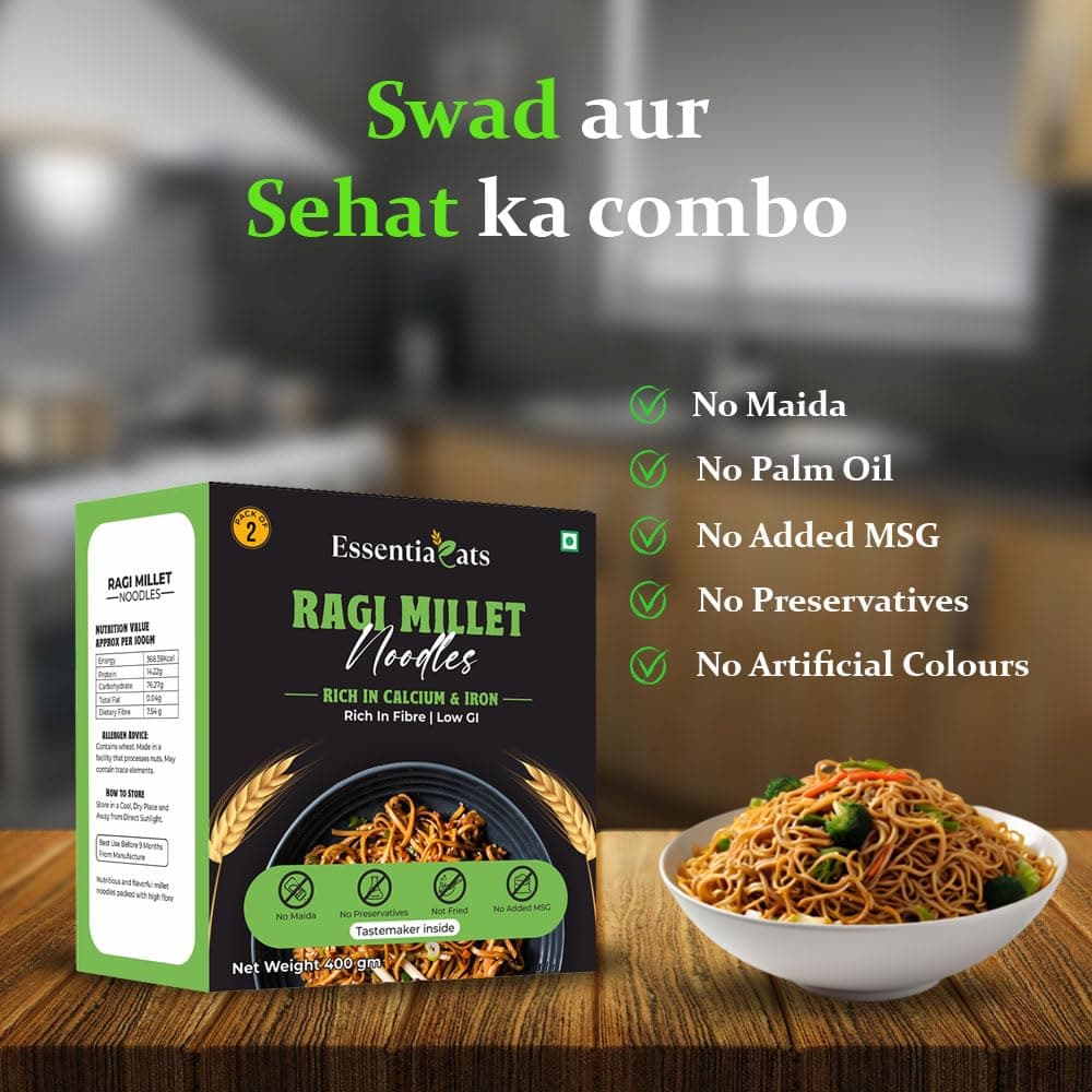 Essentiaeats Ragi Millet Noodles Includes Tastemaker 400g Pack of 2, No Maida Not Fried No Preservatives No MSG Healthy Hakka Noodles Ready to Cook — image 7
