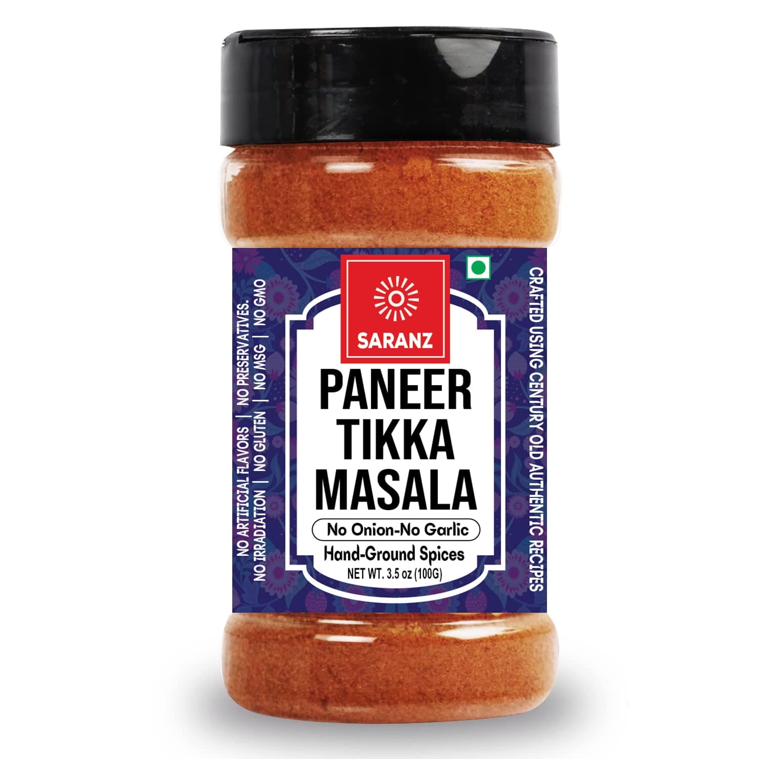SARANZ Paneer Tikka Jain Blended Masala Perfect for Cooking, Ready to Use, No added colours, Spice Powders and Masalas, Premium Artisanal Spices with Rich & Strong Flavour-100 Grams Sprinkler Jar
