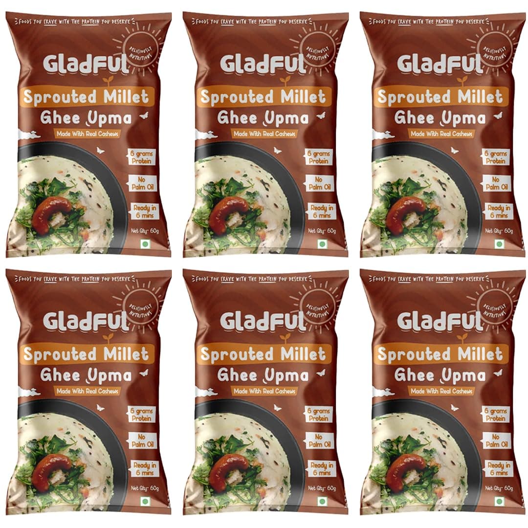 Gladful Sprouted Millet Instant Ghee Upma Mix - No Palm Oil, Trans Fat & Maida - Made with Jawar, Ragi and Suji/Rawa, Ghee & Cashew - Multigrain Protein Breakfast Healthy Snack - Pack of 6 (60g each) — image 2