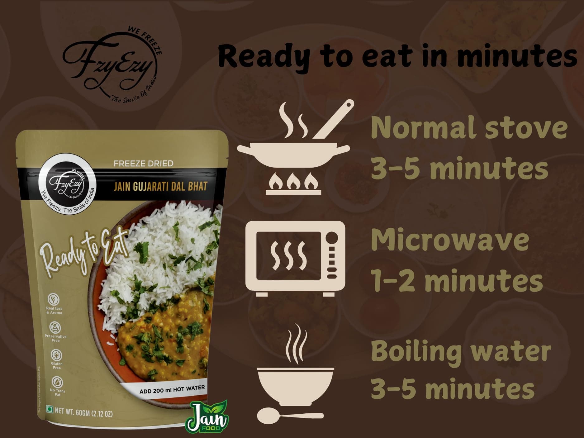 FzyEzy Freeze-Dried Jain Gujarati Dal Bhat | Authentic Jain Gujarati Culinary Experience | Traditional Satvik Ready-to-Eat Indian Meal | Gluten-Free & Preservative-Free | Nourishing, Quick-Prep Comfort Cuisine | 60g Pack — image 8