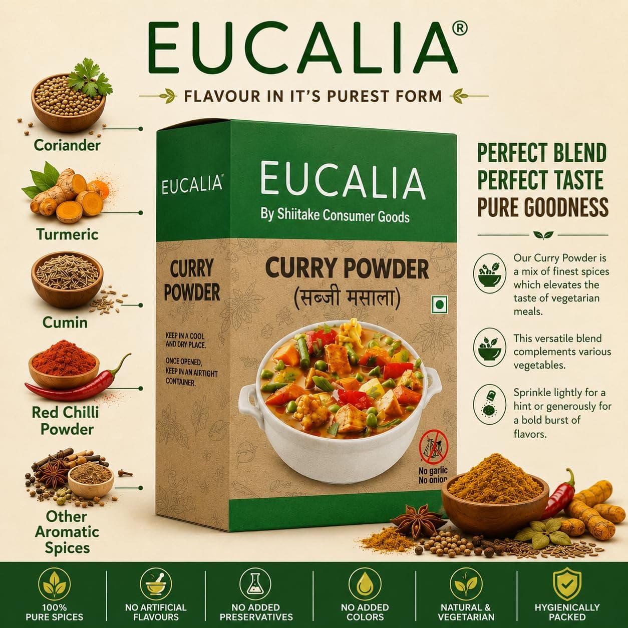 EUCALIA SATTVIK (No Onion No Garlic) Masala Range | Curry Powder (Sabji Masala), Biryani Masala, Garam Masala & Chhole Masala Combo (50g Each)| No Preservatives, No Added Colours, No Artificial Flavours — image 6