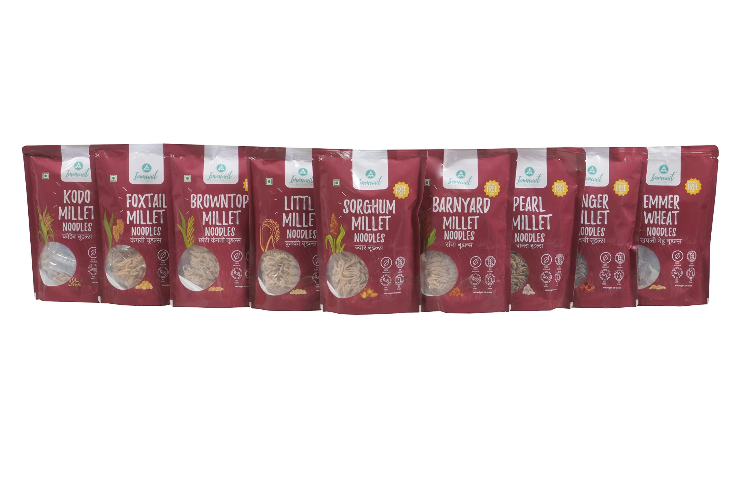 Immunit No Maida Assorted Millet Noodles, Pack of 9 (Ragi, Jowar, Little, Foxtail, Barnyard, Browntop, Kodo, Bajra, Emmer Wheat) | Vegan, Not Fried, No MSG, No Preservatives — image 2