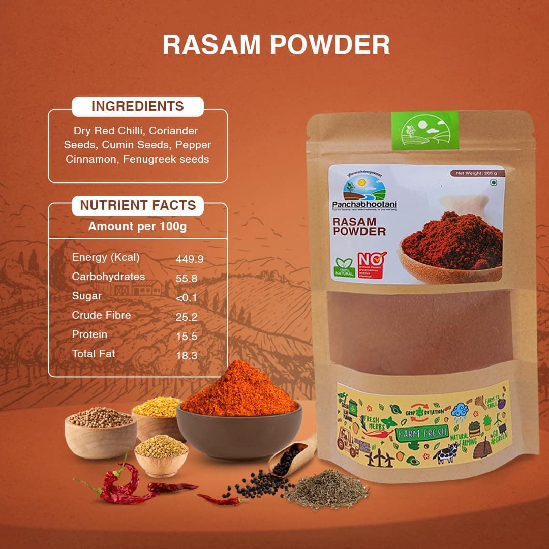 Panchabhootani Rasam Powder-200g | South Indian Authentic Flavour, Easy Digestion, Farm Fresh, Vegan Friendly, No Garlic, No Onion, 3 varieties of roasted dry red chilles, Rich Aroma, Mouth Watering — image 3