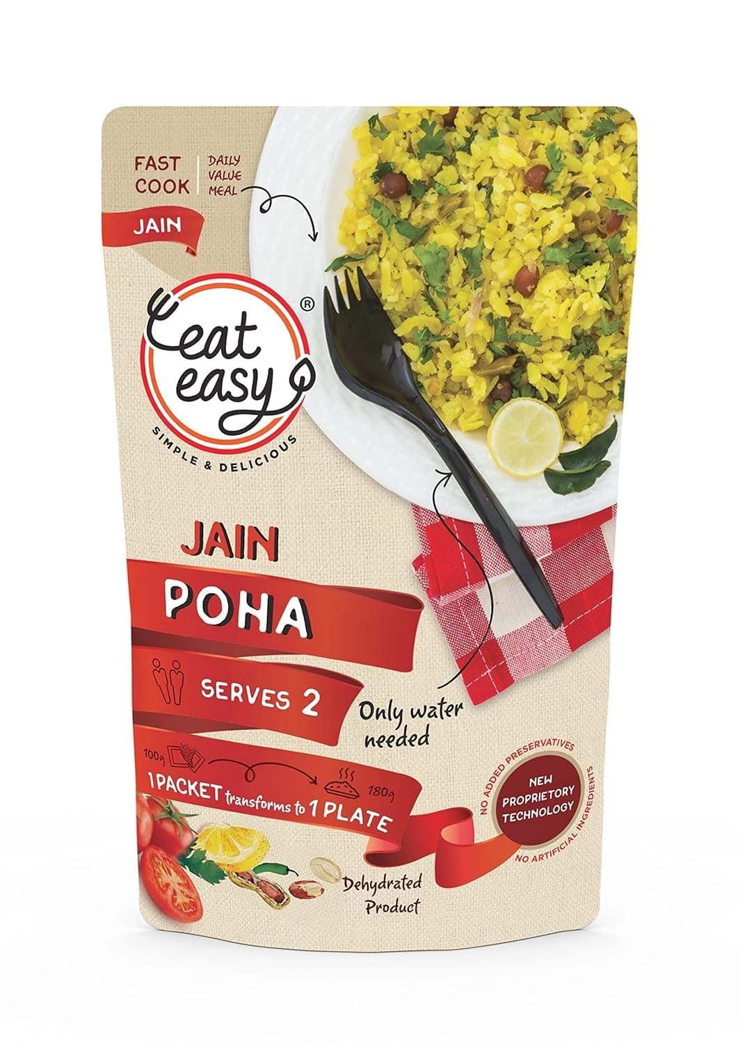 Eat Easy Ready To Eat (Pack of 4) Jain Poha, 100gm of 1 Pack, Instant Food, Indian Meal, Travel Food, No Preservatives, No Added Artificial Colours & Flavours, Just Add Water and Cook — image 2