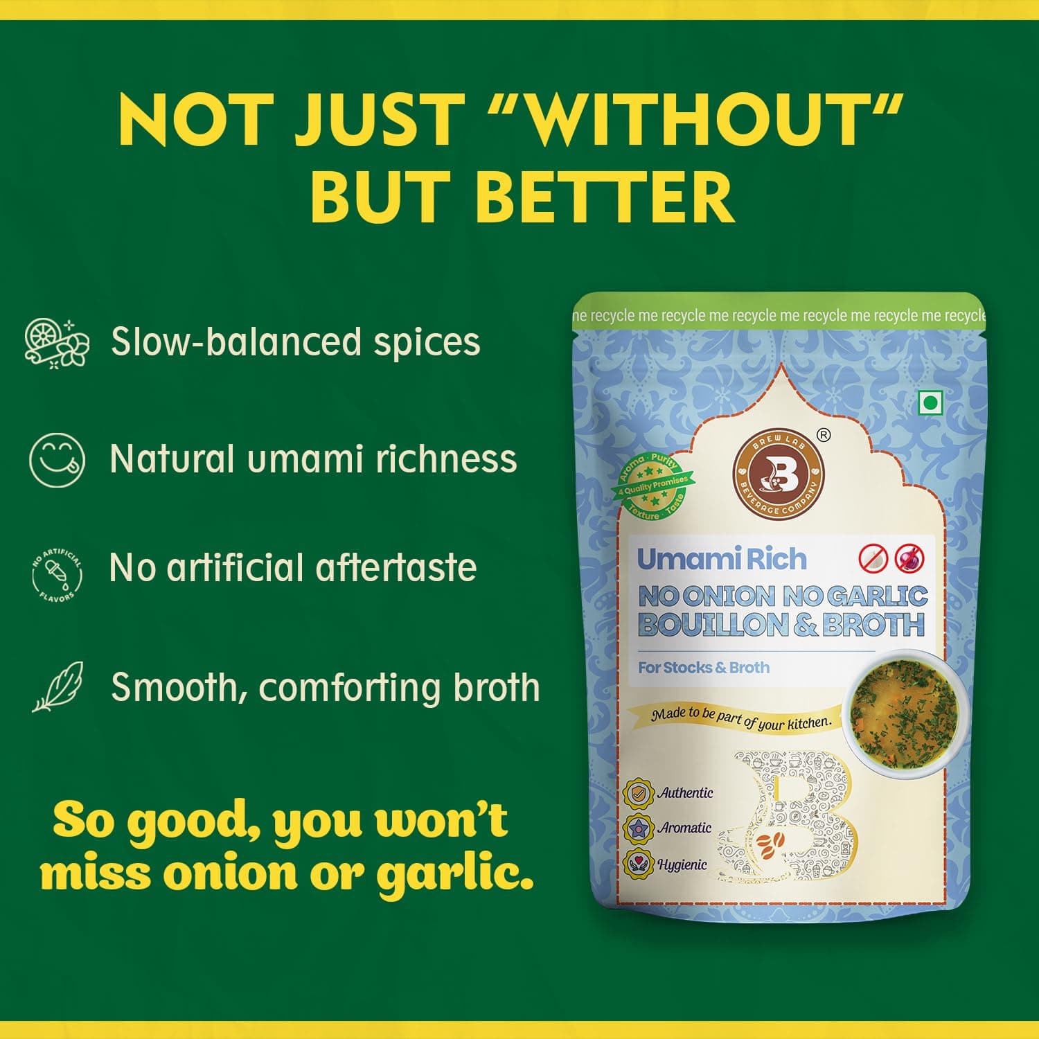 Brew Lab No Onion No Garlic Bouillon & Broth Powder, 500g, Instant Vegetable Stock, Plant-Based, Jain-Friendly, Umami Seasoning for Soups, Gravies & Cooking — image 4
