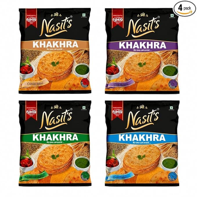 Nasit's Tea-Time Khakhra Combo Pack | Plain, Jeera, Methi & Chat Masala Flavors | Roasted Whole Wheat Gujarati Snack Assortment | 4 x 200g (800g)