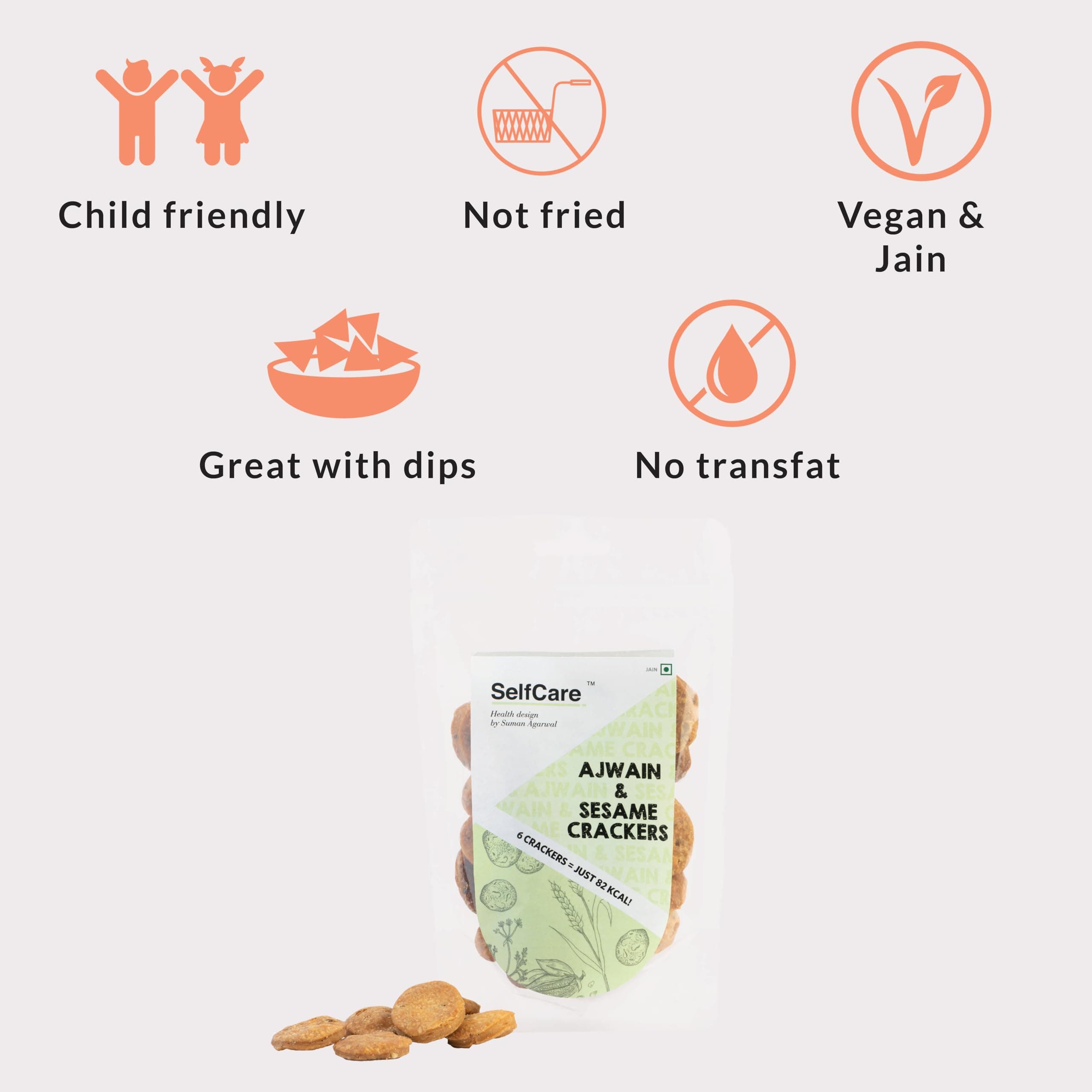 SelfCare By Suman Agarwal Ajwain & Sesame Crackers Pack of 1 125g | Baked - Healthy - Vegan | Snacks - Namkeen - Grocery | Spicy Crunchy & Chatpata - Tea time Snacking | Jain & Travel Friendly — image 3
