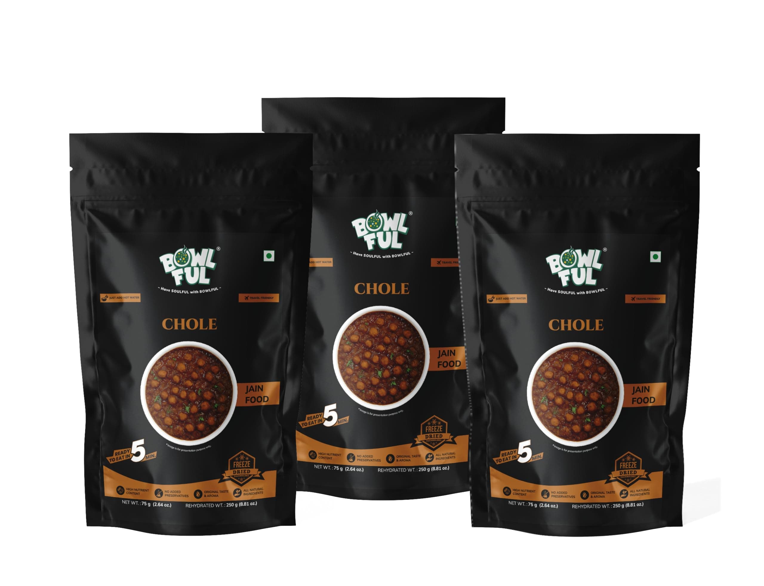 Bowlful Jain Chole | Ready-to-Eat Meal | No Onion No Garlic Chickpea Curry with Traditional Indian Spices | 75g Net Weight (250g After Rehydration) | Pack of 3 | No Added Preservatives & Colours | Microwaveable — image 2
