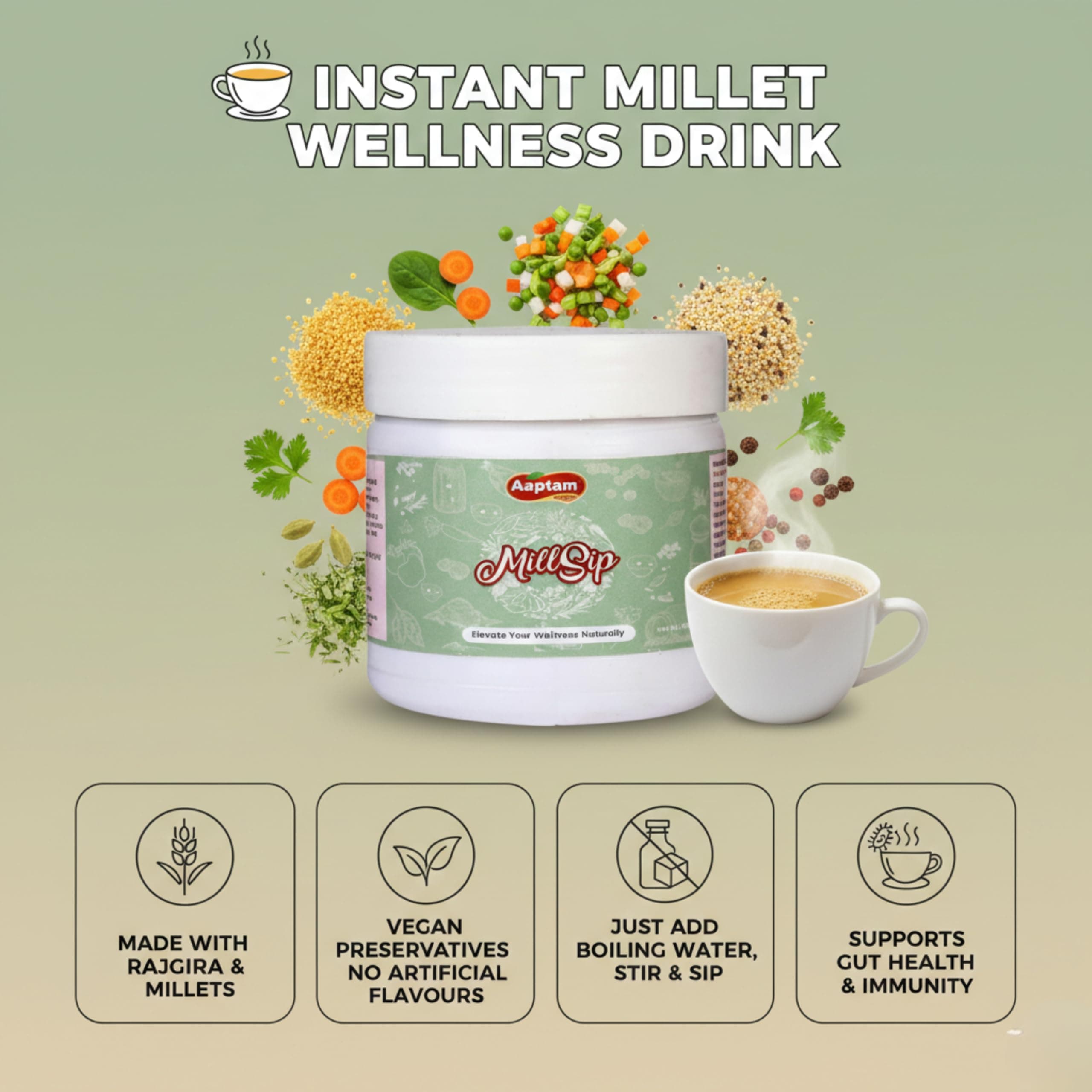 Aaptam MillSip Instant Millet Drink/Soup Mix with Rajgira, Vegetables, Herbs & Spices | No Preservatives | No Artificial Flavours | No Added Sugar| Just add boiling water, stir and Sip| Vegan| Gluten free| Gut health| Immunity boosting — image 4