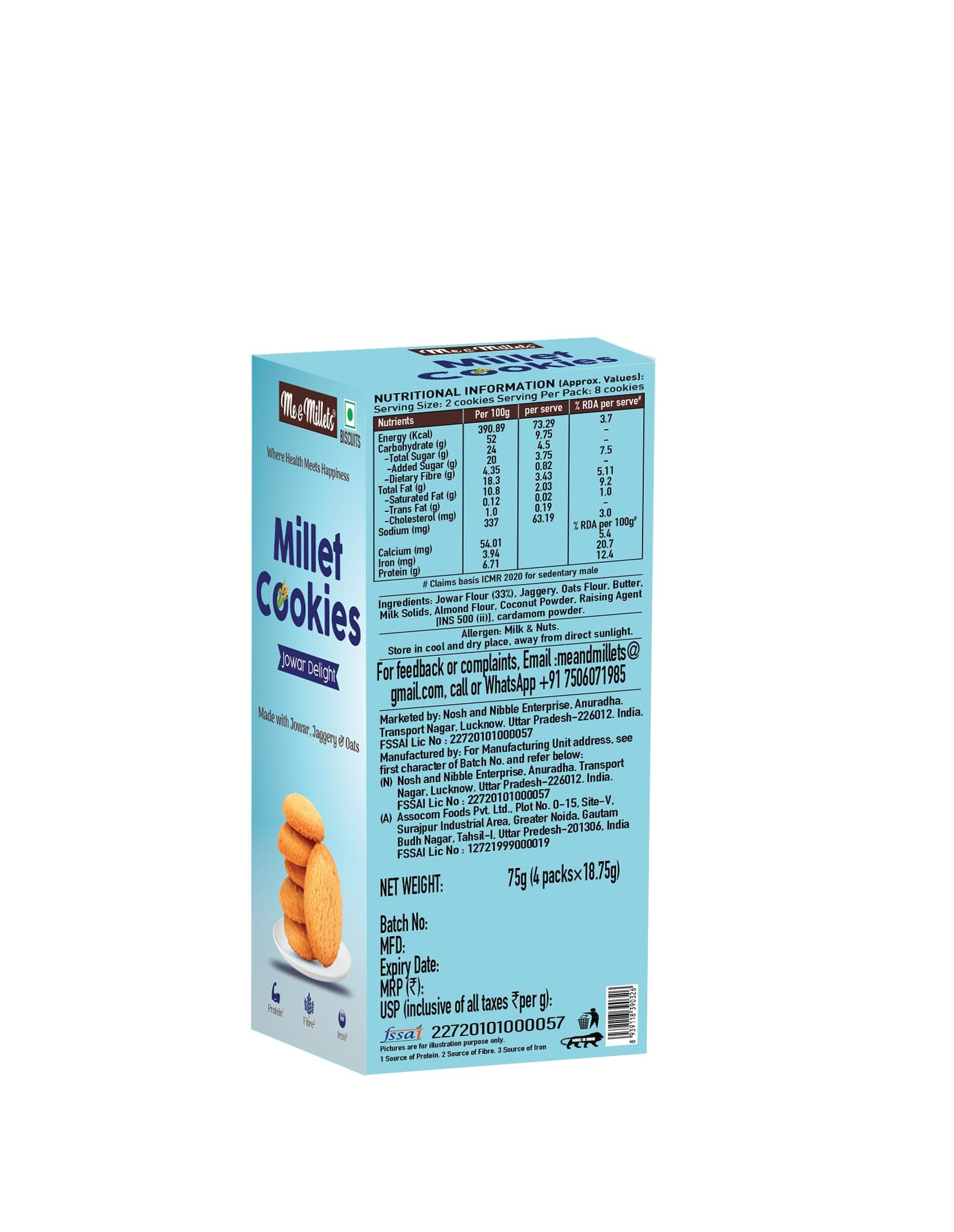 ME & MILLETS Cookies Jowar Delight (75g X 3) - Delicious Millets Biscuits, Rich In Fiber & Protein, Healthy Tea Snack (Jain Friendly) — image 4