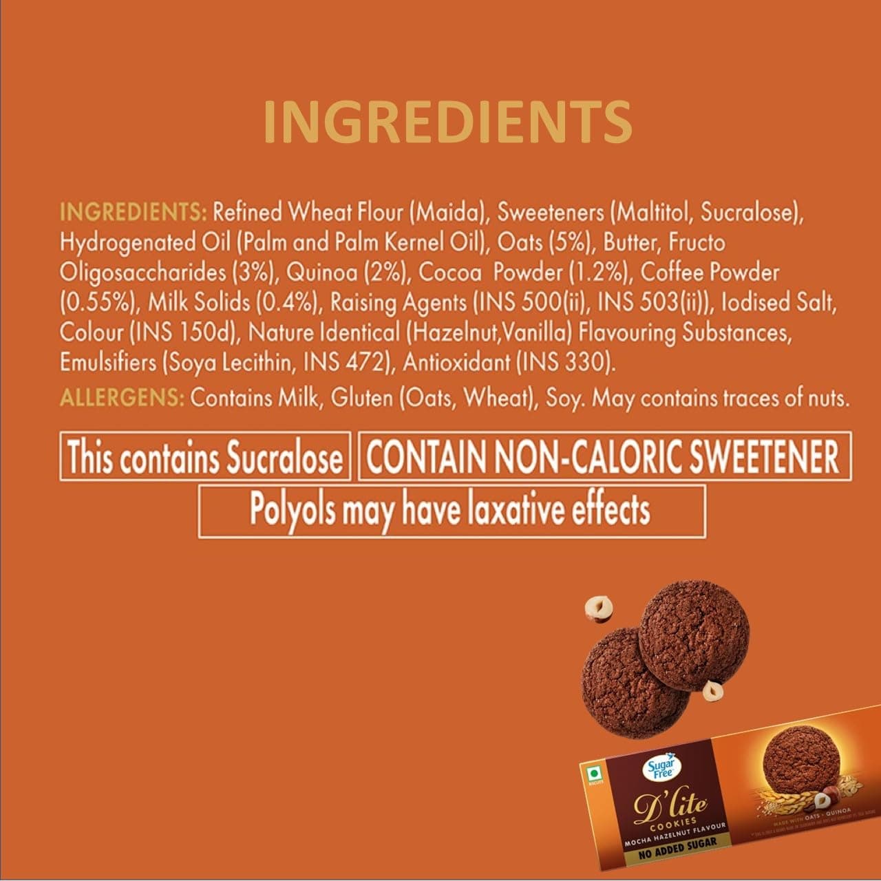 Sugar Free D'lite Mocha Hazelnut Flavour Cookies | Zero Added Sugar | Made With Oats & Quinoa, 75 Gram — image 2