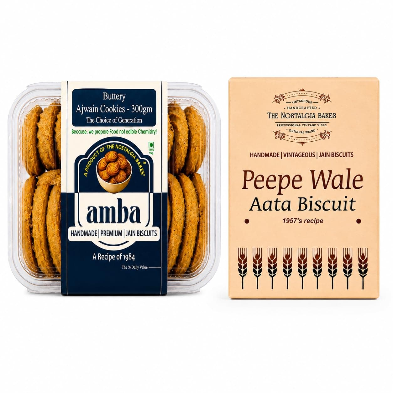 Amba Handmade Jain Biscuits Combo Pack | Buttery Ajwain Cookies & Peepe Wale Aata Biscuits | Traditional Tea Time | Crunchy & Fresh Baked Snacks | Premium Indian Bakery Cookies Combo Pack — image 2