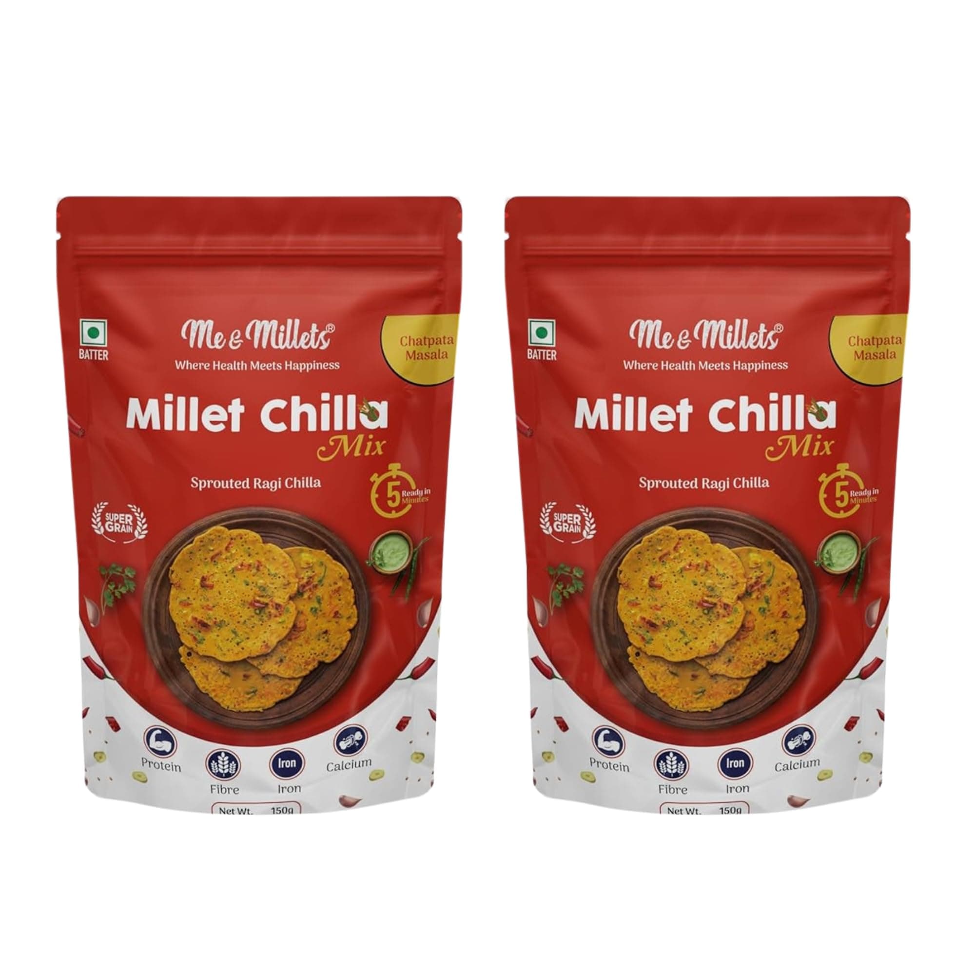ME & MILLETS Sprouted Millet Ragi Chilla Mix Combo (150g X 2) - Chatpata Masala, No Preservatives, No Palm Oil, Natural Healthy Protein & Fiber-Rich Breakfast For Kids & Family (Jain Friendly) — image 2
