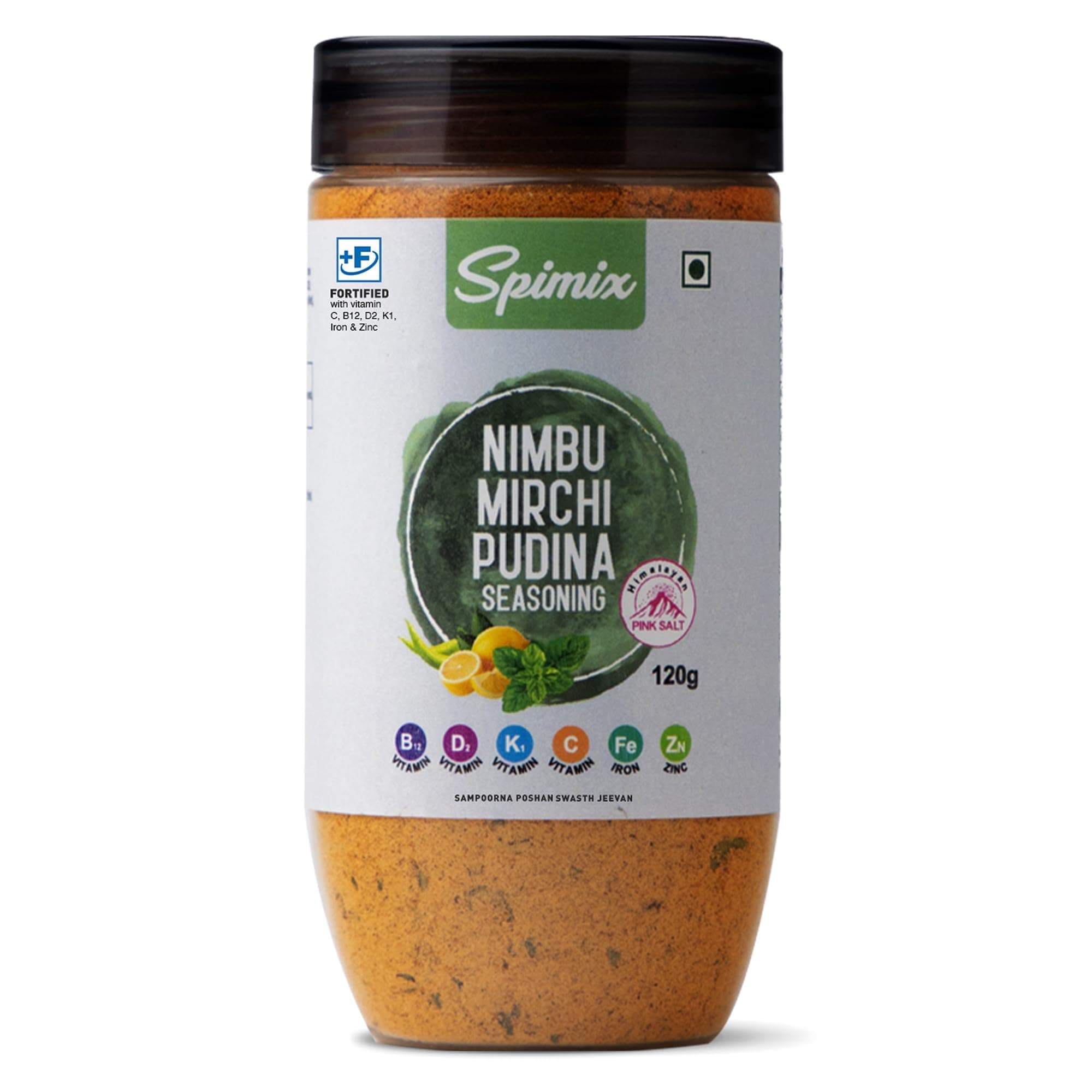 SPIMIX Nimbu Mirch Pudhina Seasoning | Tangy & Spicy Masala | 120g | Sprinkle on Chaat, Salads & Raita | For Grilled Fish, Lemon Chicken & Eggs | Himalayan Pink Salt | US FDA Approved